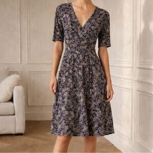 Boden Kassidy Floral Jersey Midi Dress Blue Purple V-Neck Fit & Flare